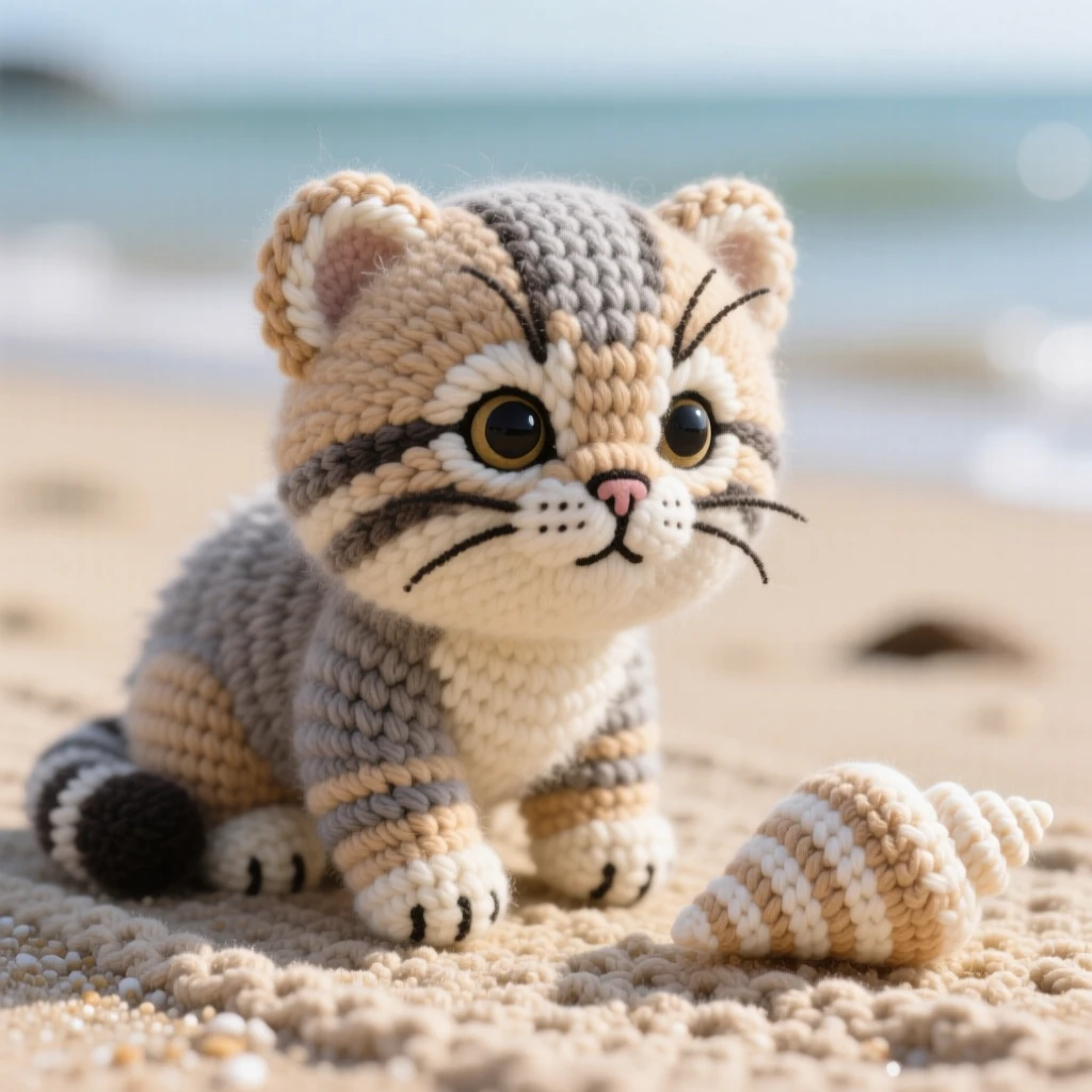 A heartwarming close-up of a baby manul cat kitten, with a flat round face and thick fur, crouching low with an alert, puffed-up look in a sandy beach at low tide; a smooth striped seashell close by completes the scene, radiating a moment of pure innocent joy.