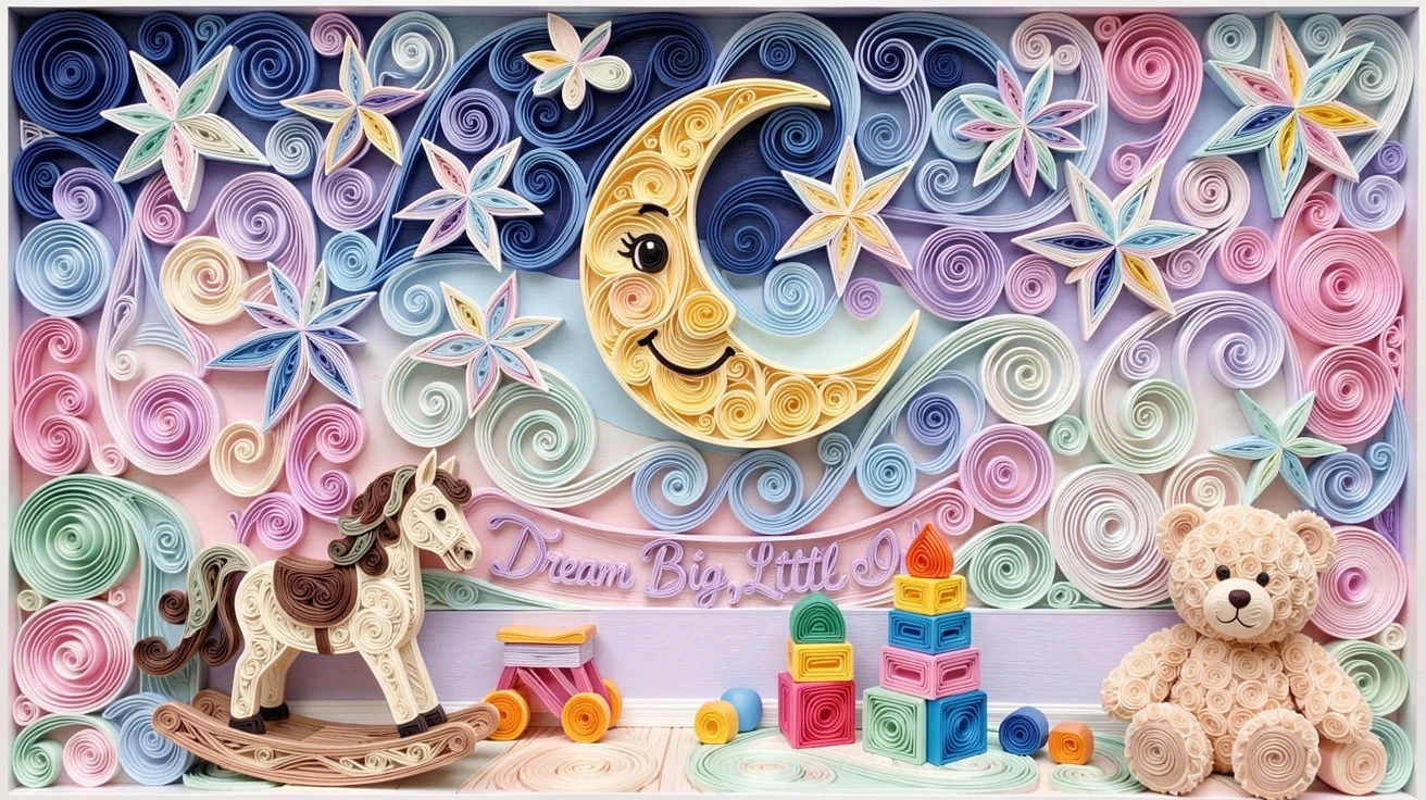 a starry night sky with a smiling crescent moon, in a colorful playroom filled with toys, composed with a friendly, inviting central focal point, in a playful pastel color scheme.