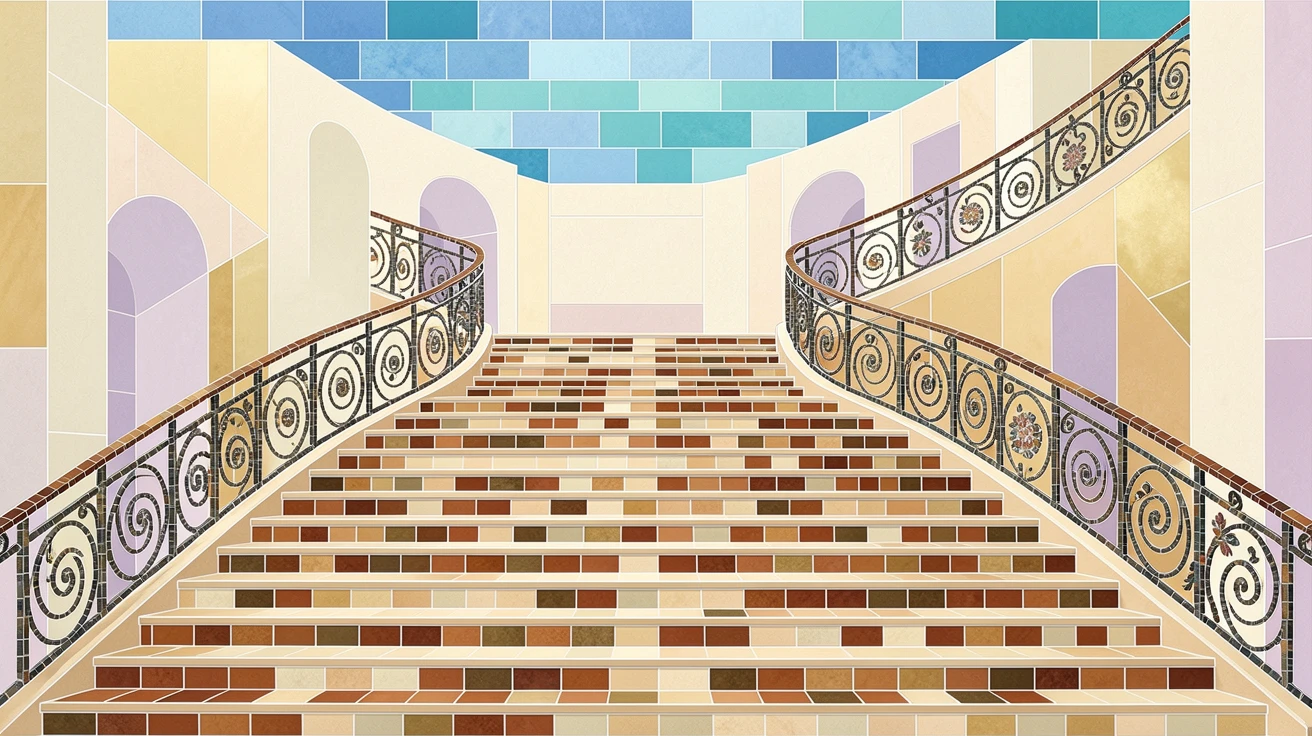 The sweeping staircases of a grand European opera house.