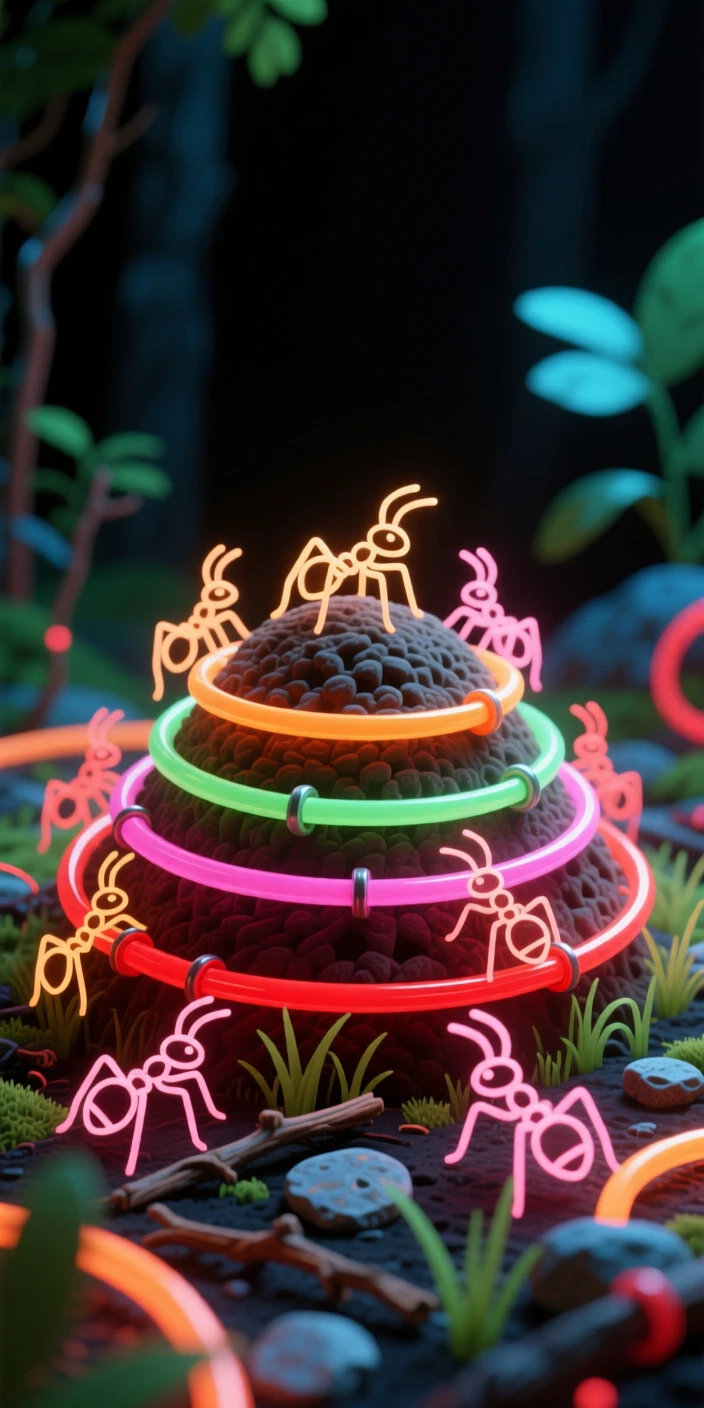 An intimate close-up study of a tiny anthill bustling with activity in a forest clearing.