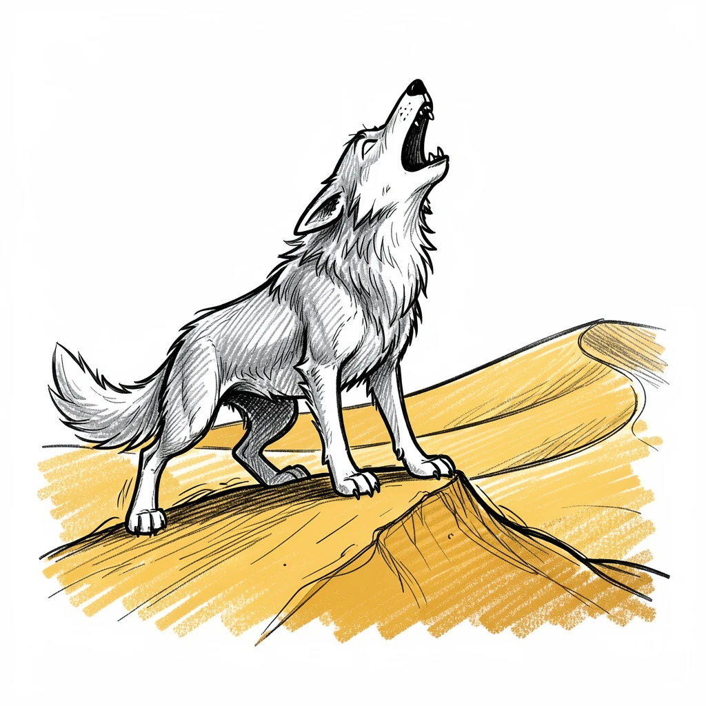 A wolf howling on a hilltop across a golden desert dune.