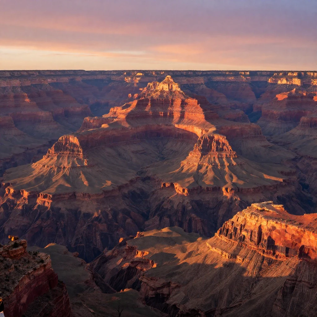 The Grand Canyon's layered cliffs bathed in sunset light