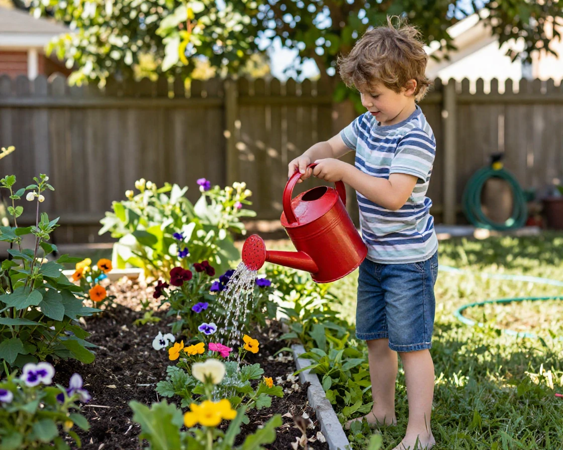 A young boy waters the garden with an oversized watering can nearly as big as him.