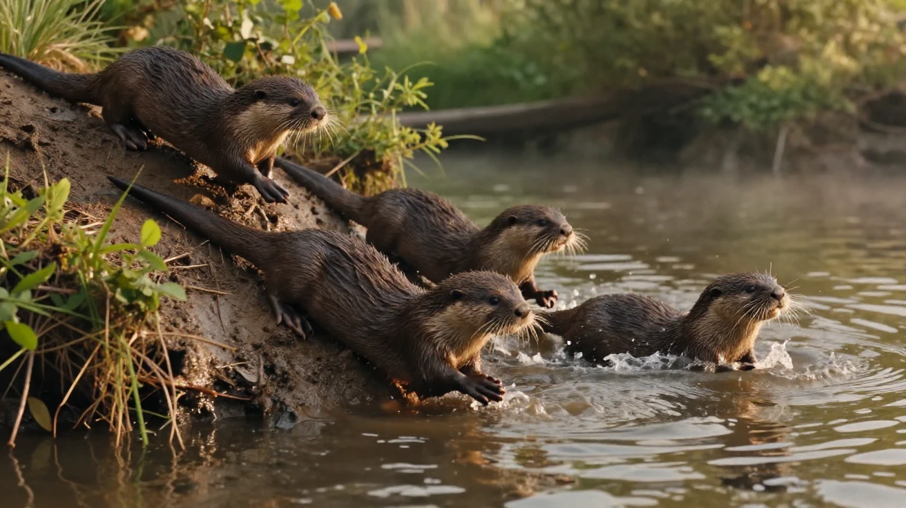 A family of otters sliding down a muddy riverbank into the water