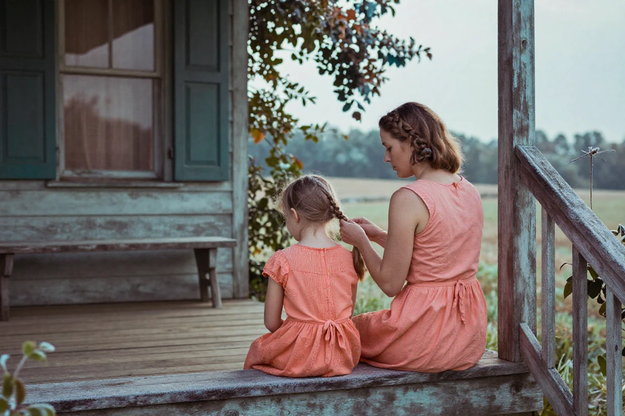 A young mother braiding her daughter's hair on a porch step, in soft window light, with frost coating every surface, in the height of summer, in vivid coral and turquoise hues, from behind, looking toward the horizon.