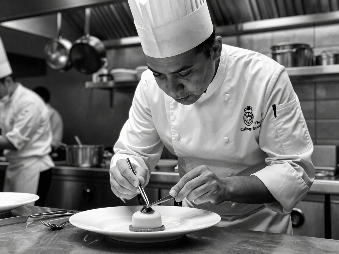 A chef plates a delicate dessert with tweezers in a bustling restaurant kitchen.
