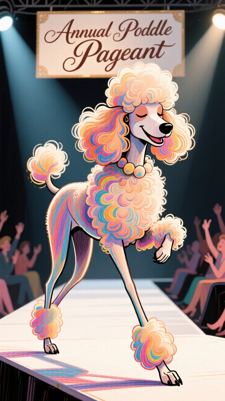 A confident show poodle with an elaborate haircut, strutting like it owns the runway.