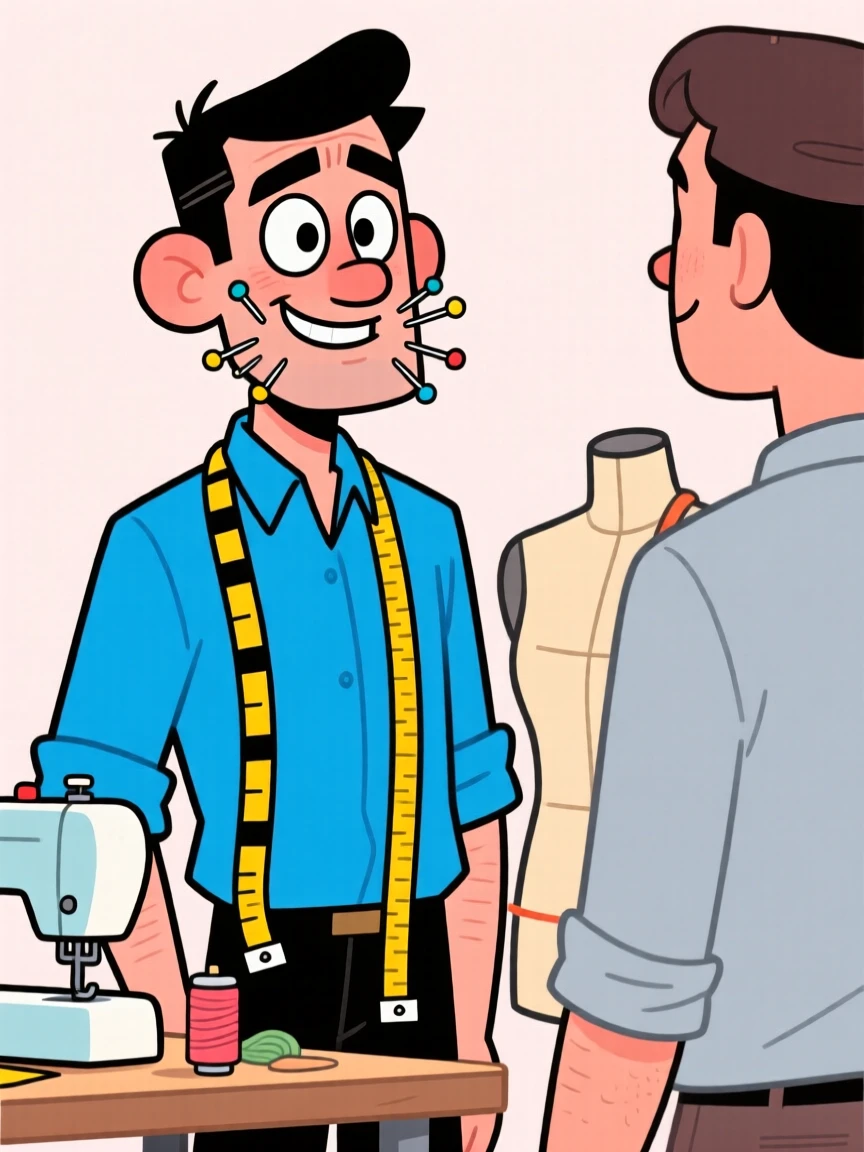 A vibrant profession-themed portrait of a skilled tailor measuring a client with a tape measure draped around his neck, pins in his mouth.