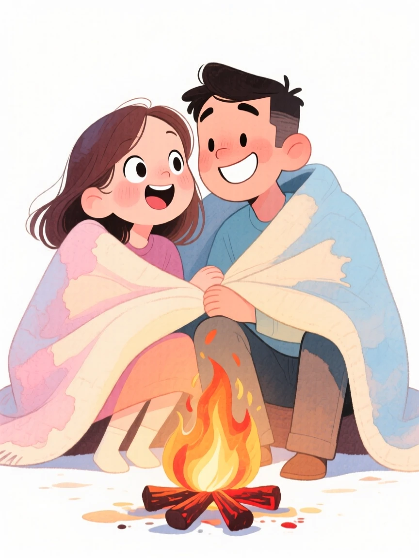 A couple on their first date wrapped in a shared blanket watching a bonfire
