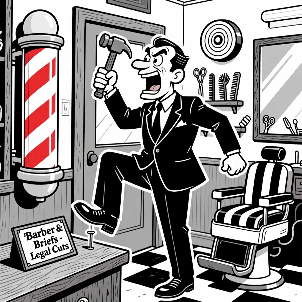 A sharp-dressed lawyer mid-argument, hammering a nail while balancing on one foot, set in a retro barbershop with a spinning striped pole. A siren light spins in the background. The image captures dedication with a wink of playfulness.