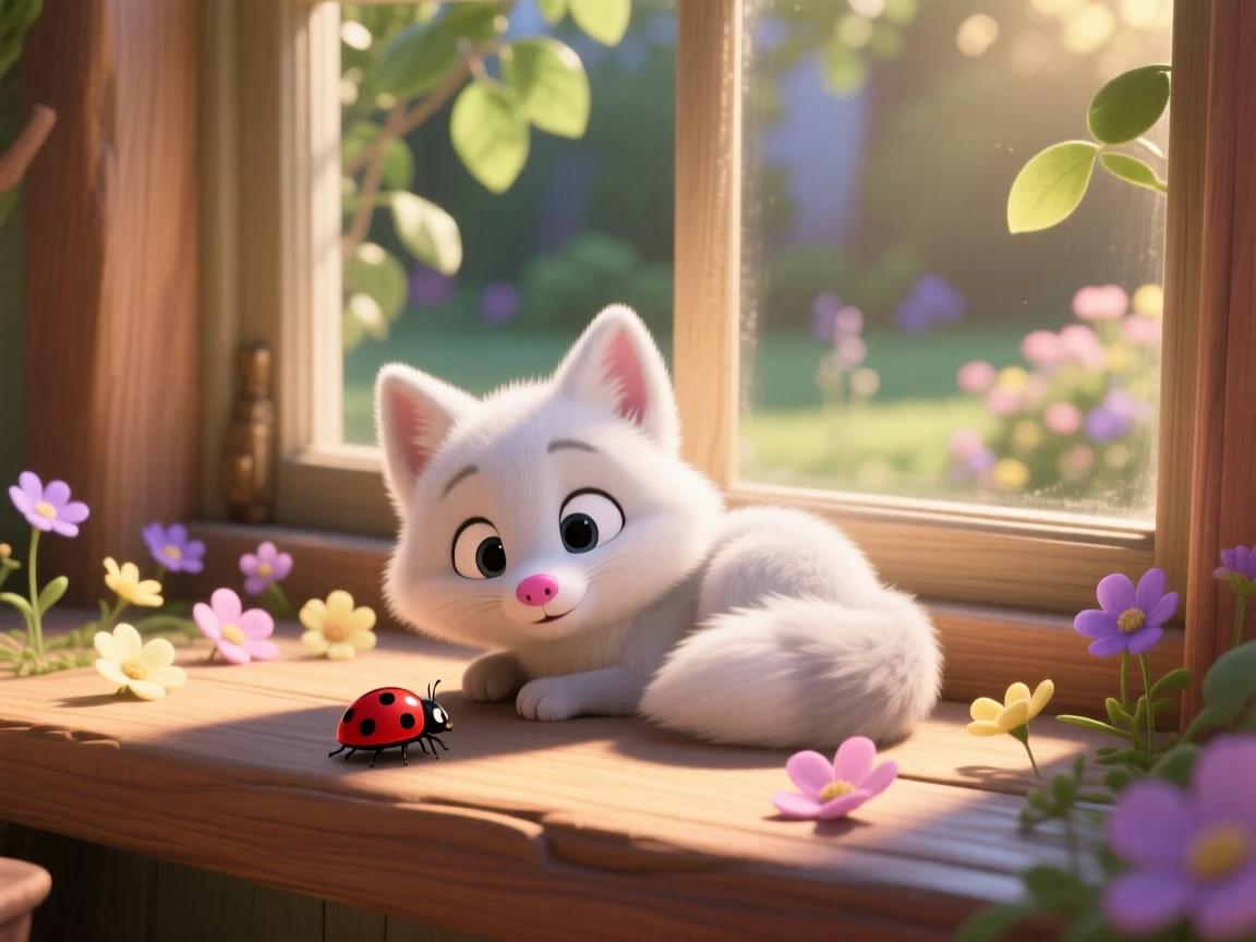 A baby arctic fox is resting on a windowsill in warm afternoon light, watching a ladybug crawl by. Playful joy radiates from the small creature, with a scattering of small flowers around it.