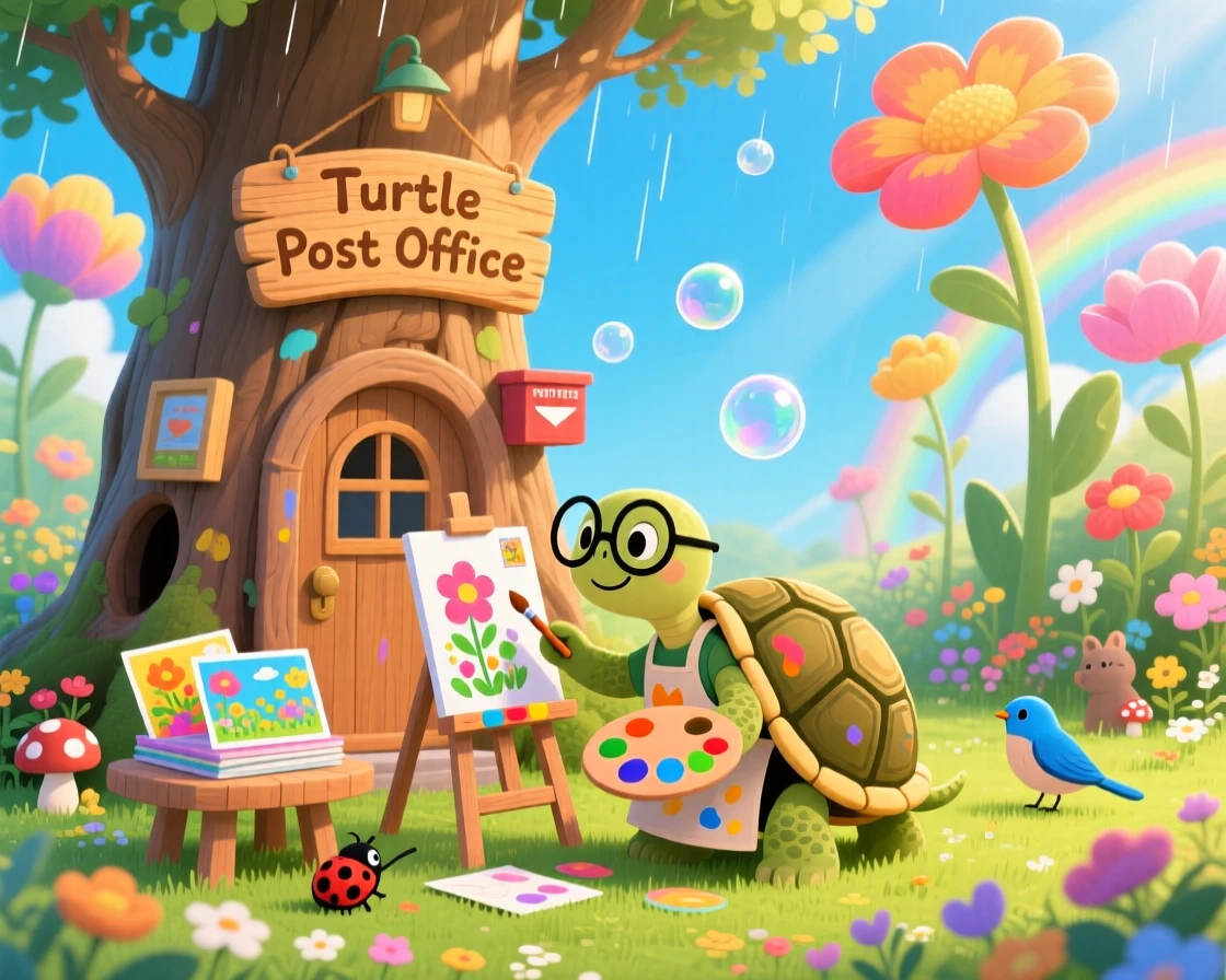 In a garden where flowers grow taller than trees, a turtle who paints postcards spends the day running a post office out of a hollow tree, as tiny bubbles drift lazily by.