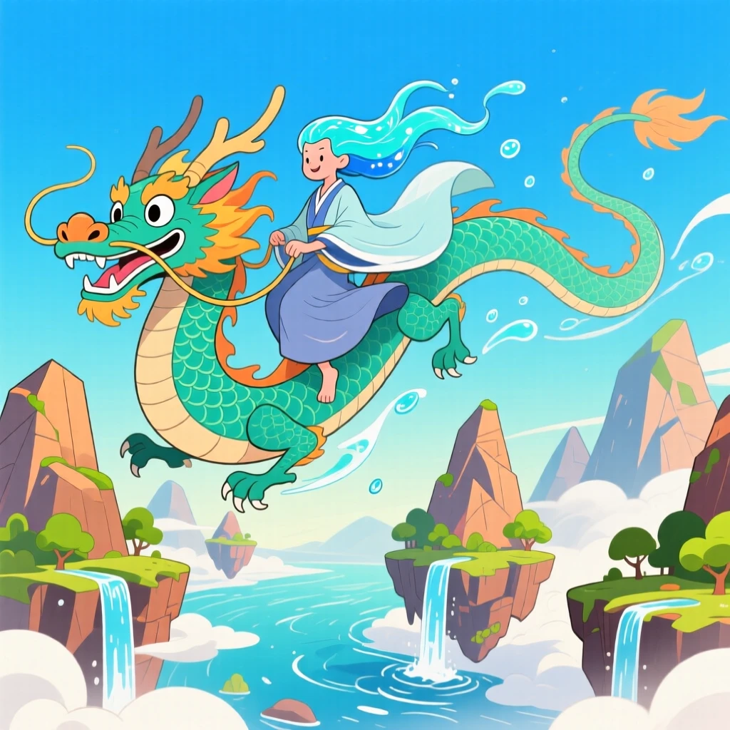 A river spirit riding a dragon over a floating mountain range.