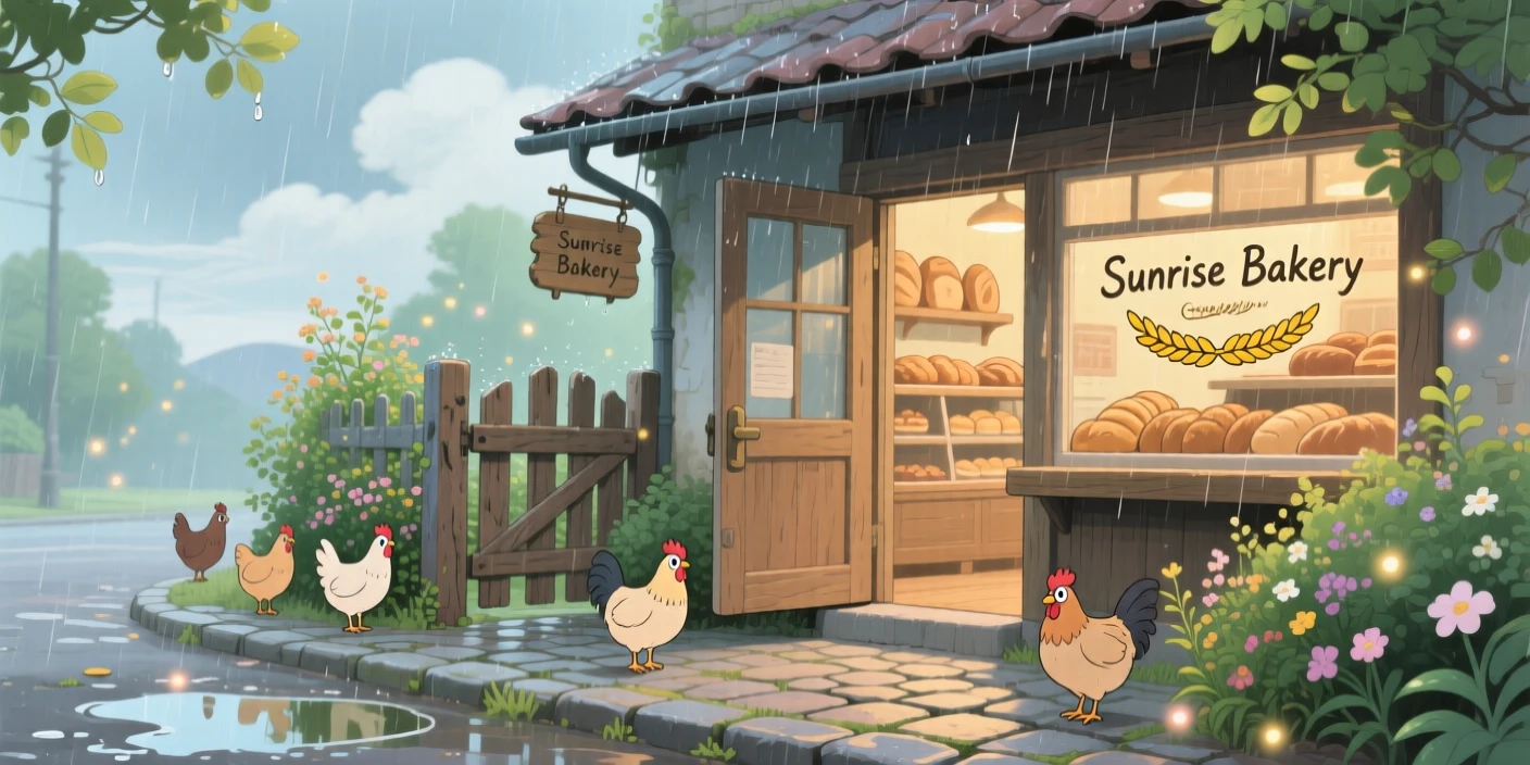 A bakery on a quiet corner with its door propped open, with chickens wandering freely near a garden gate, during a light spring shower.
