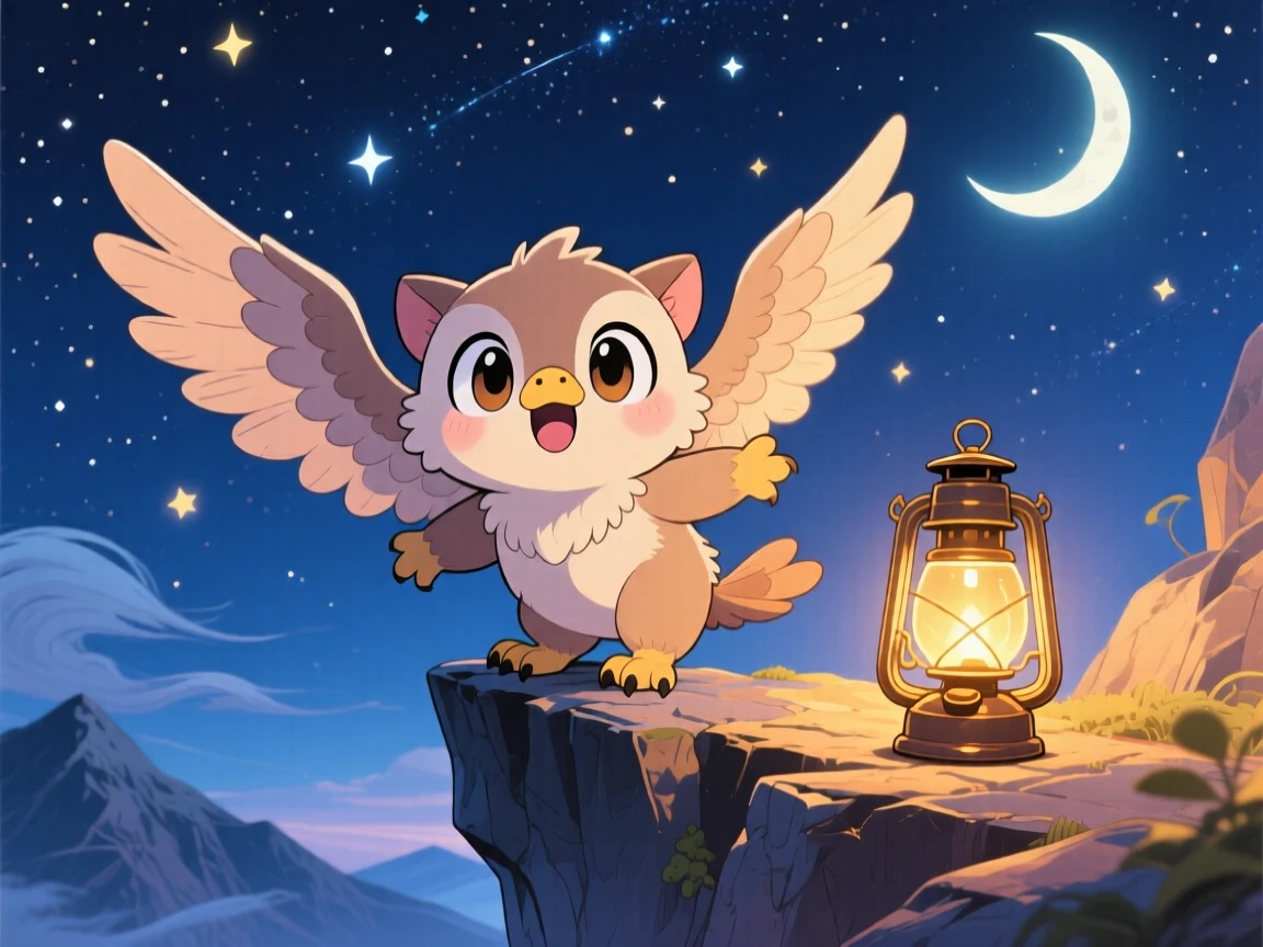 Silhouette composition: a griffin cub, stretching its wings for the first time, set against a windswept mountain cliff under a starry midsummer night sky, with warm lamplight and a mood of wide-eyed wonder.