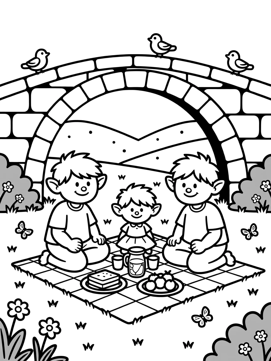 A troll family having a picnic under a stone bridge
