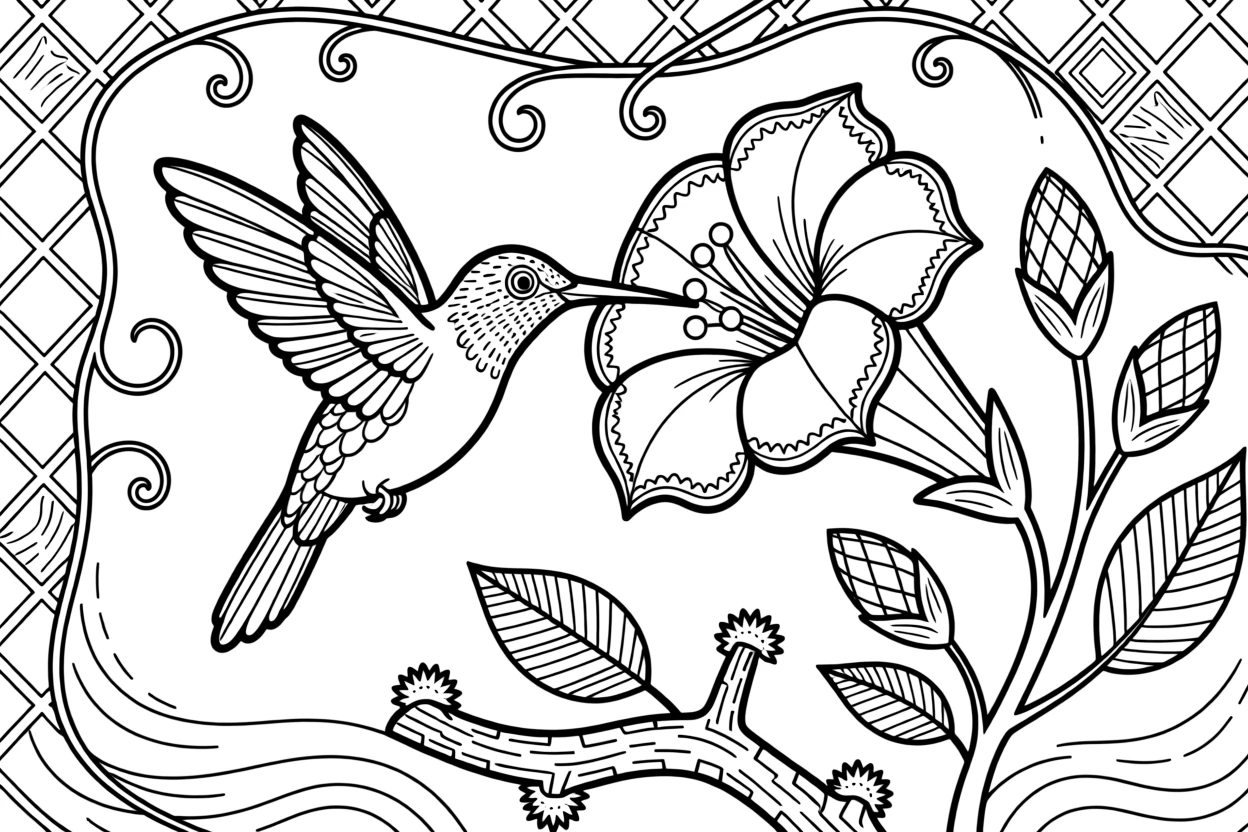 A hummingbird hovering beside a trumpet-shaped flower.