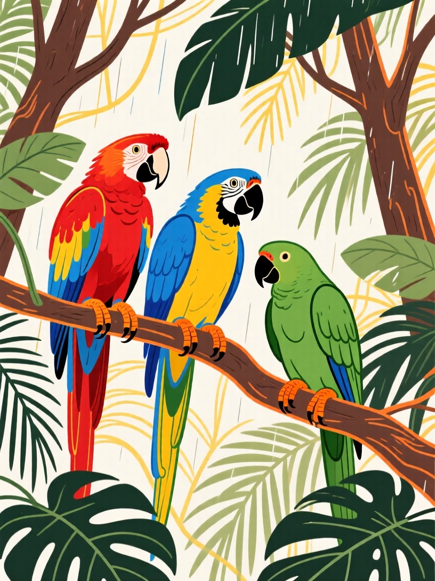 A group of colorful parrots in a rainforest canopy.