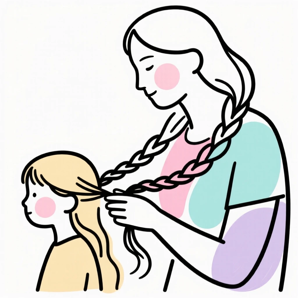 A mother braiding her daughter's hair