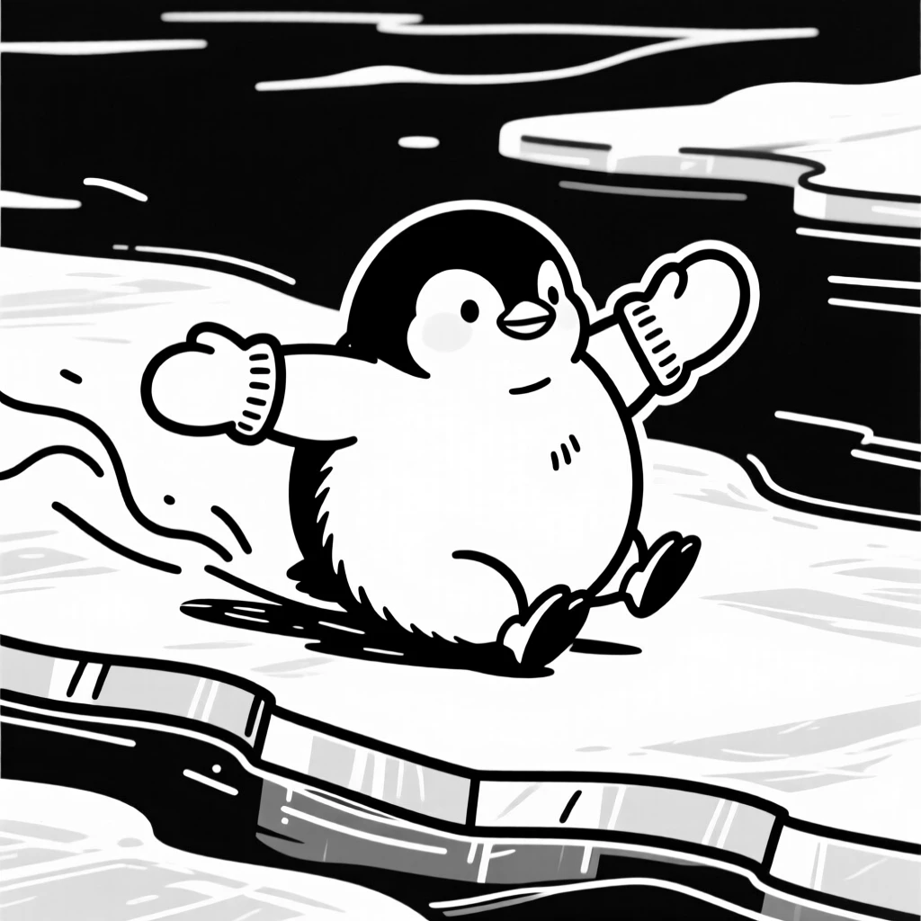 A plump penguin chick wearing oversized mittens, sliding across ice.