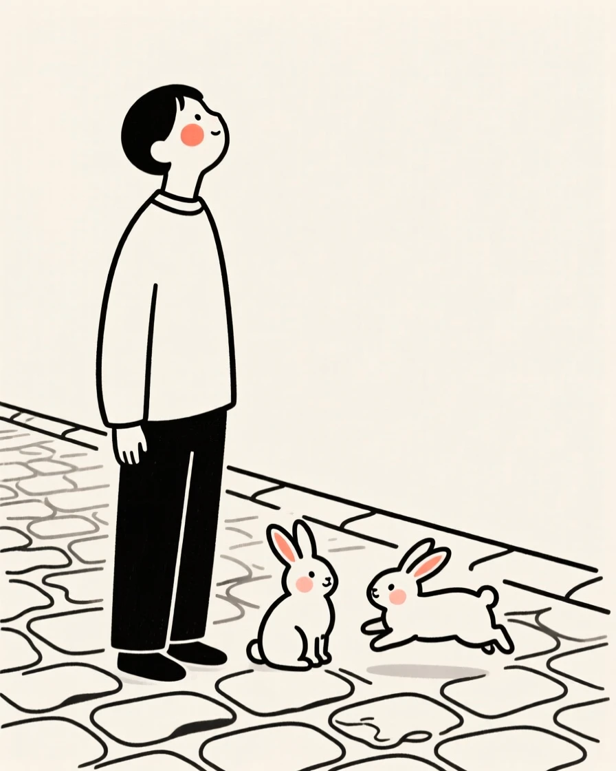 A shepherd with a pair of bunnies, looking hopeful toward the horizon, on a quiet cobblestone street.