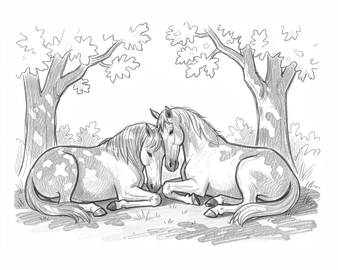 A pair of nuzzling horses napping in a patch of warm sunlight, under the dappled shade of oak trees.