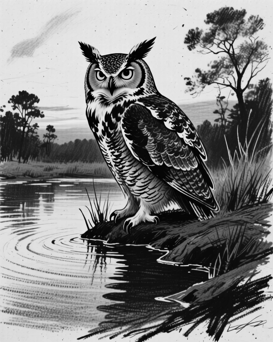 A great horned owl gathered around a watering hole at dusk.