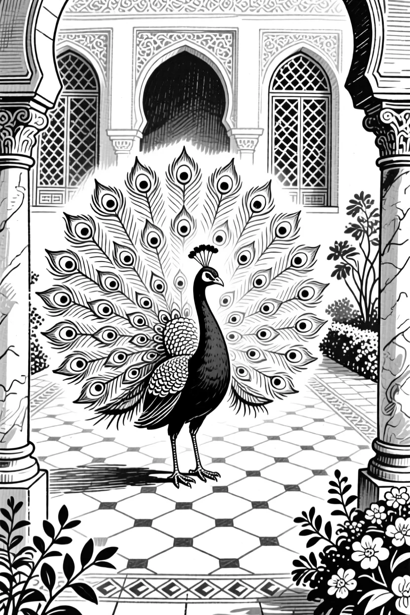 A peacock displaying its full feathered tail in a palace courtyard garden.