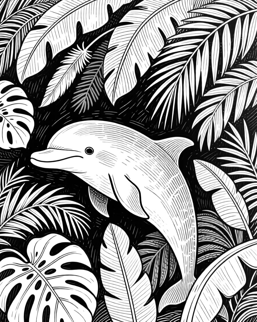 A playful dolphin beneath a canopy of tropical leaves, feathers fanned in fine detail, capturing a playful and lighthearted moment in nature with a strong, centered focal point.