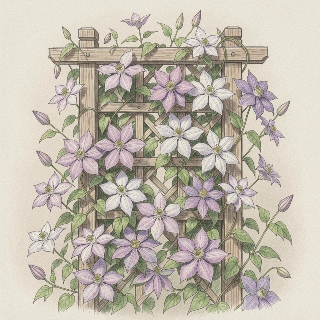 A garden trellis covered in blooming clematis, set against a simple, softly lit neutral background, evoking romance, elegance, and quiet beauty.