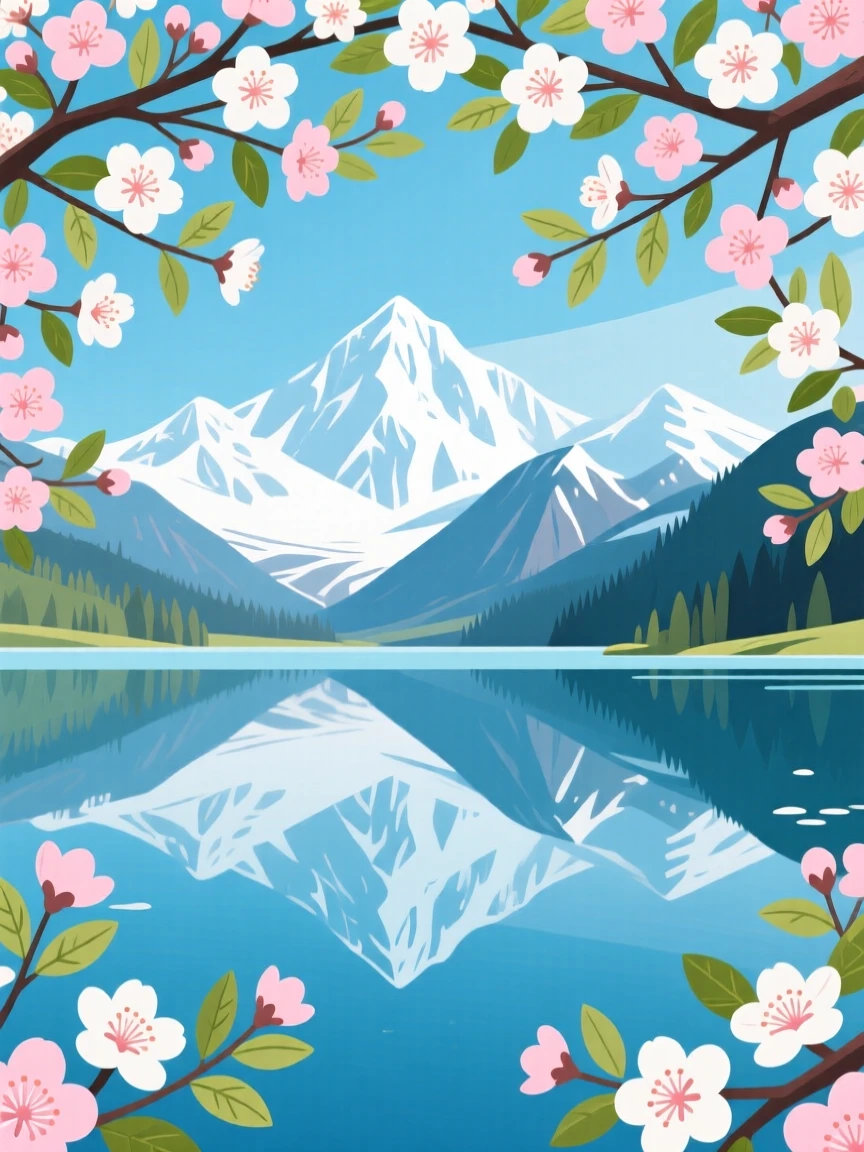 A quiet alpine lake reflecting snow-capped peaks, beneath a canopy of blooming branches, composed with strong leading lines drawing the eye inward, with delicate textures visible in every leaf and petal.
