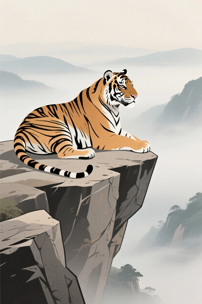 A majestic tiger resting on a rocky outcrop overlooking the misty valley.
