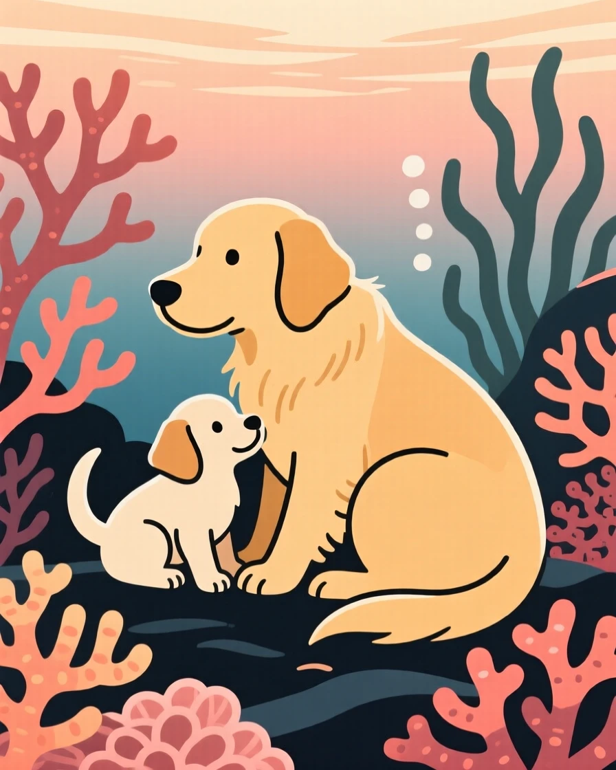 A golden retriever and its young settling in as the light fades together in a coral reef, expressing playful energy.
