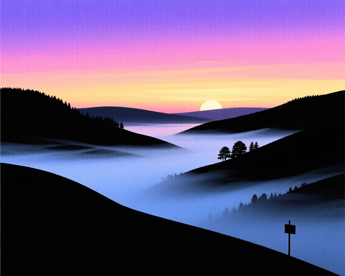 A valley filled with soft rolling mist at early morning.