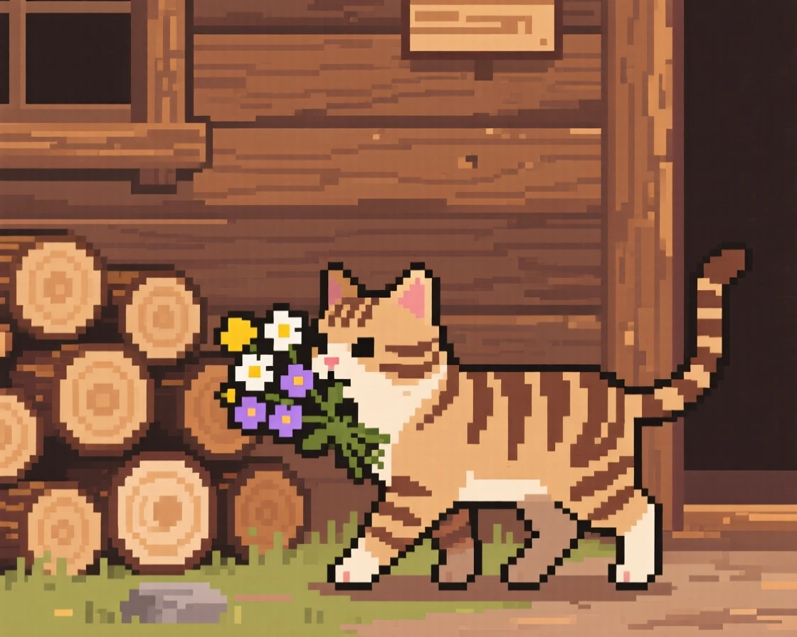 A tabby kitten carrying a bundle of wildflowers home, beside a stack of firewood near a cabin.