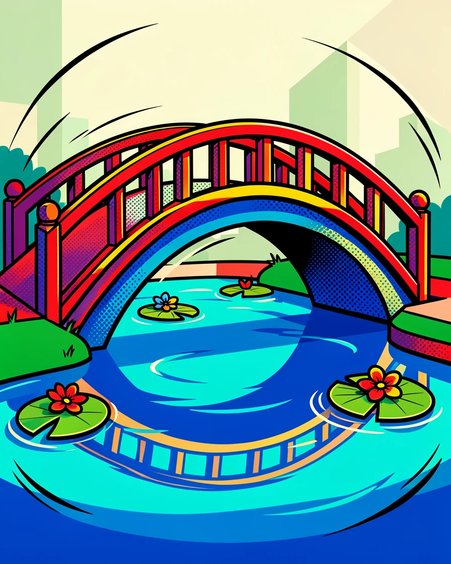 An arched bridge crossing a tranquil garden pond