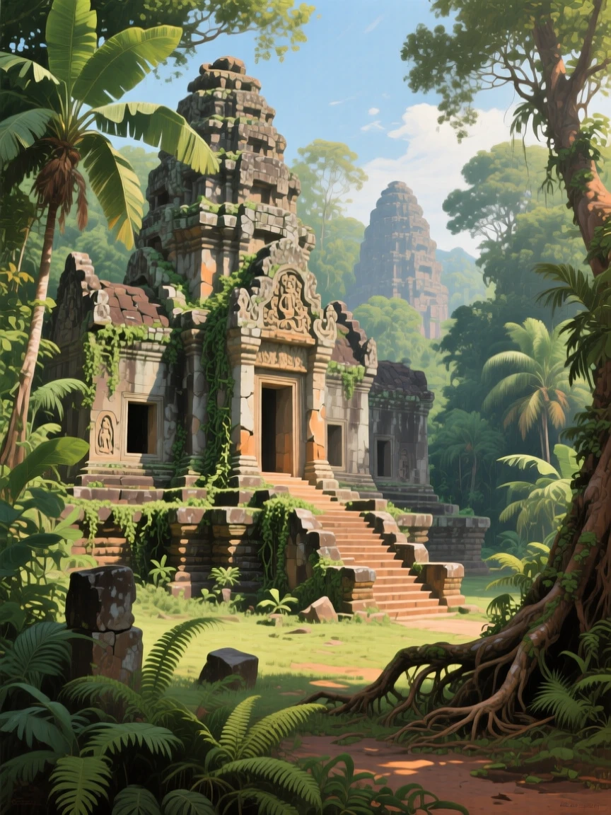 A grand panoramic scene of an ancient temple complex emerging from dense jungle foliage, at midday, during the colonial era.