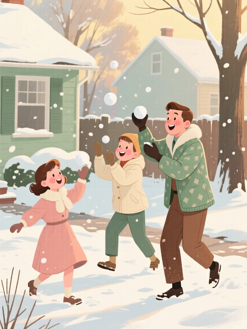 A family enjoying a snowball fight in their front yard