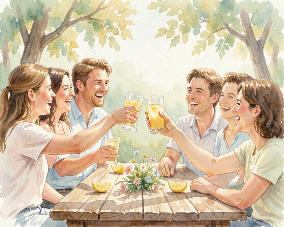 Friends toasting with lemonade at a summer gathering with laughter echoing softly.