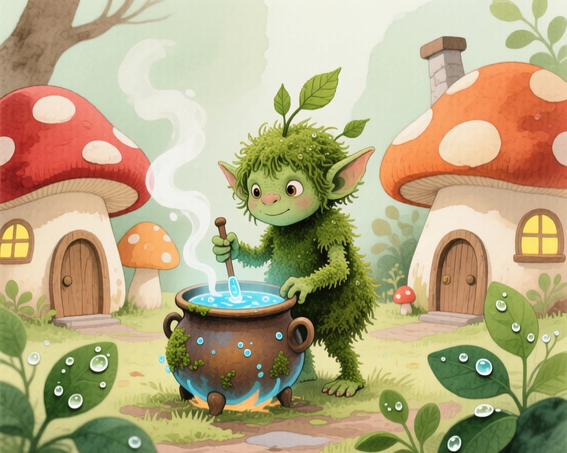 A tiny moss troll stirs a bubbling potion in a tiny cauldron in a village of tiny mushroom houses, while dew glistens on every leaf