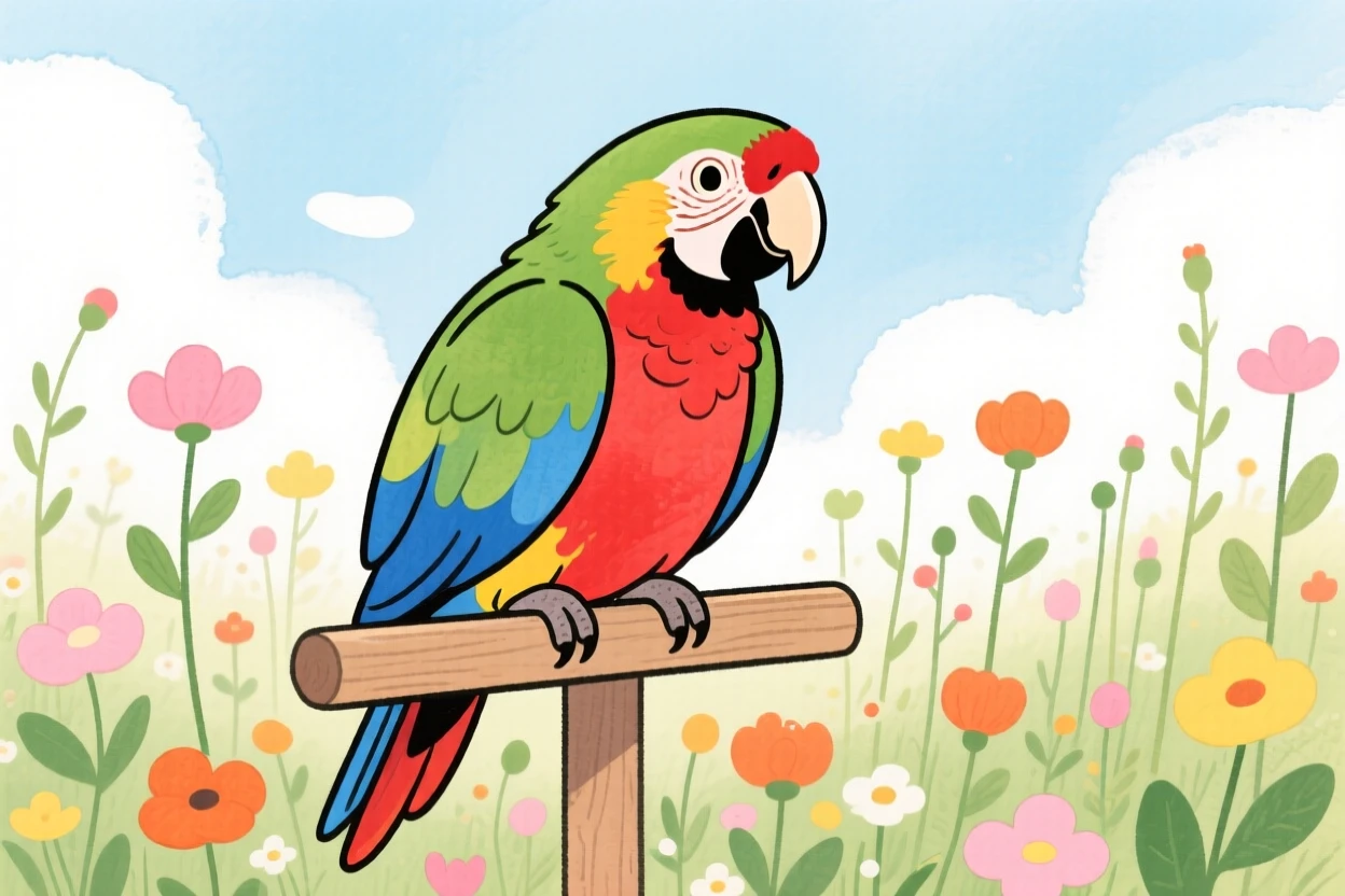 A close-up portrait of a colorful parrot on a perch in a wildflower field.