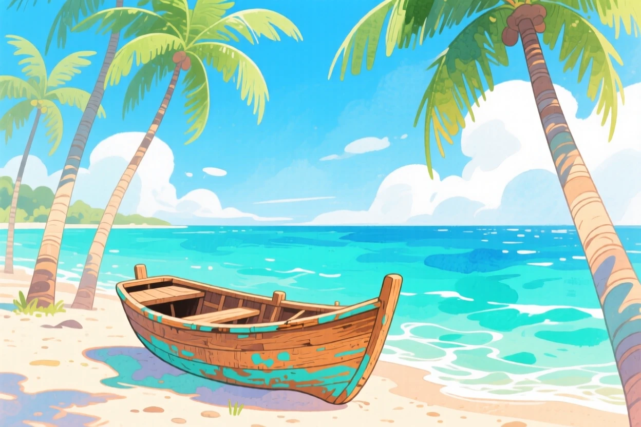 A tropical beach with turquoise water and swaying palms, with a lone wooden boat resting on the shore, inspiring a sense of calm and wonder.