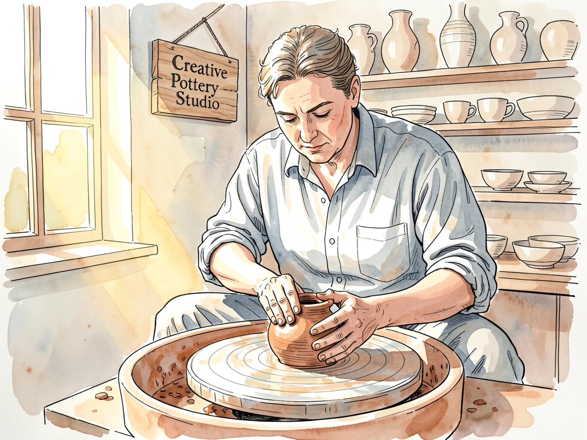 A potter shaping clay on a spinning wheel, hands steady and focused in a sunlit studio