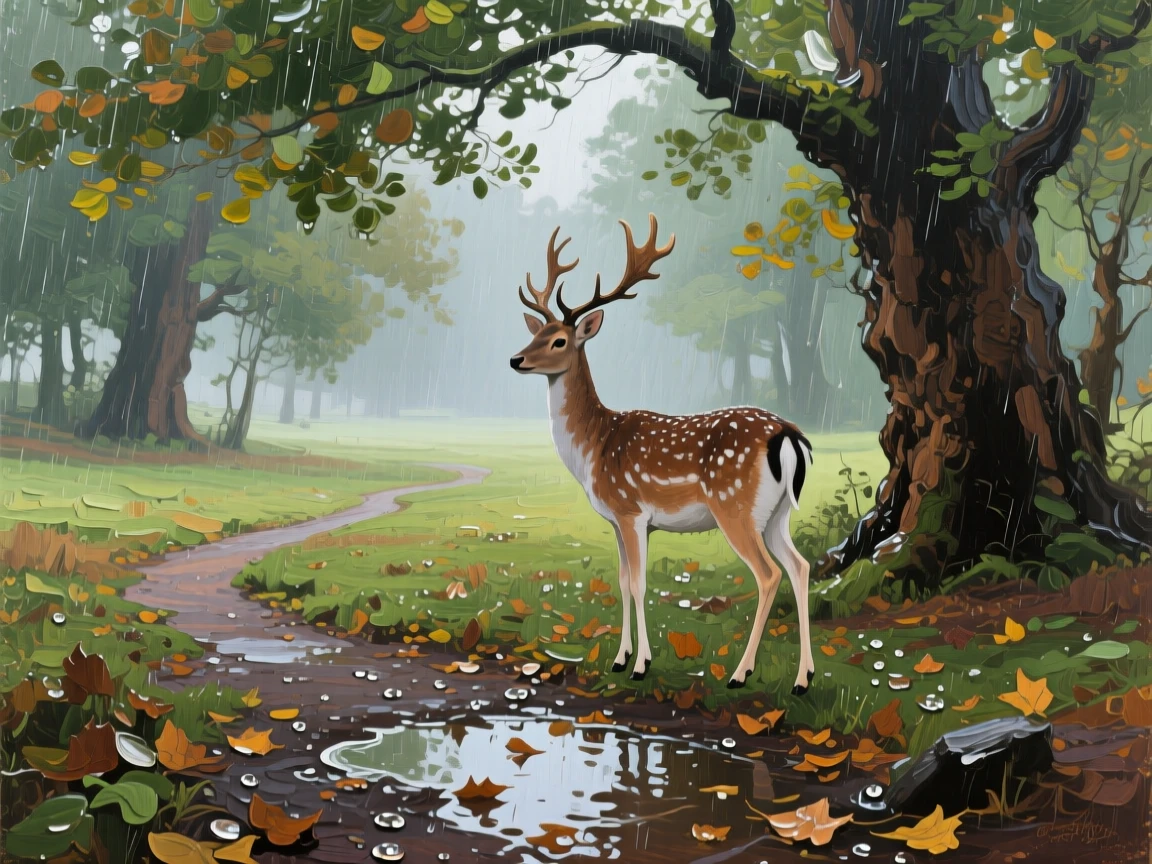 a deer standing at the edge of a quiet clearing, after fresh rainfall, composed along a natural leading line.