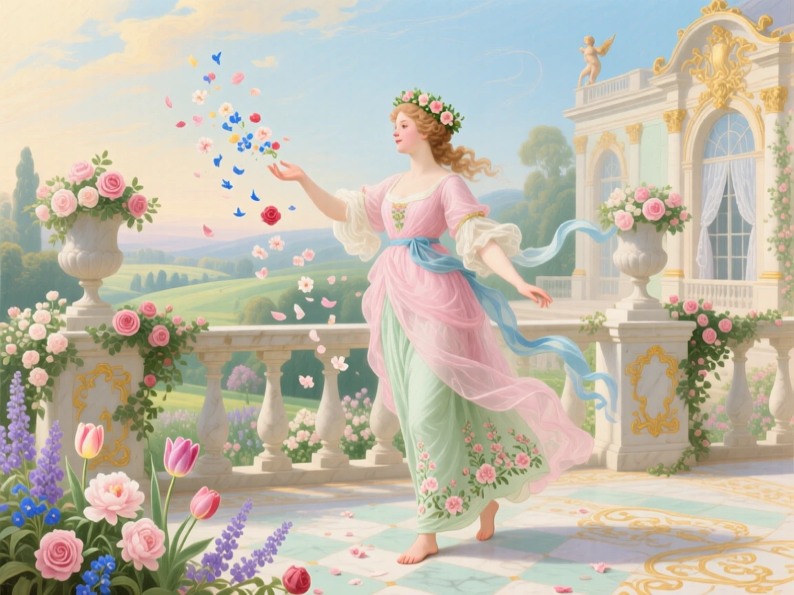 Flora scattering blossoms over a springtime palace terrace  