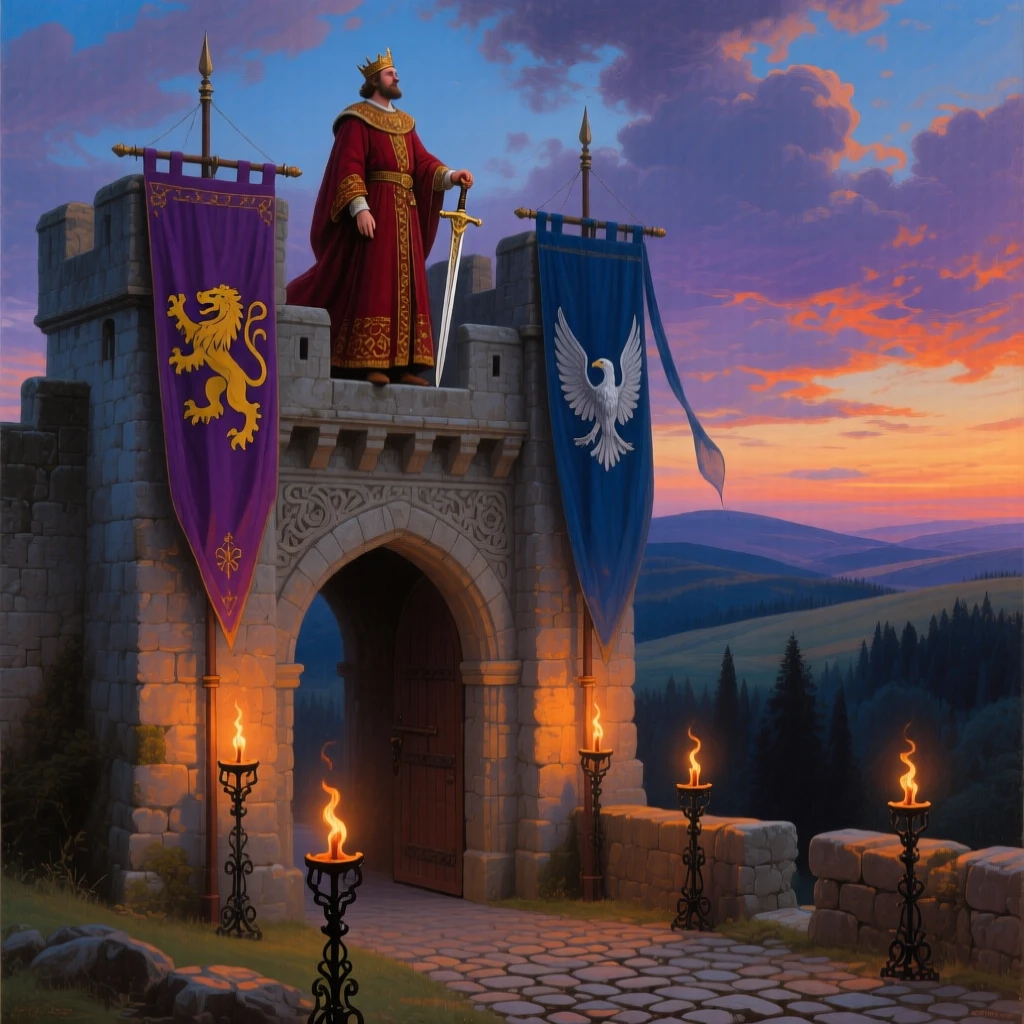 A king stands watch atop a castle gatehouse guarded by banners as torches are lit for the evening.