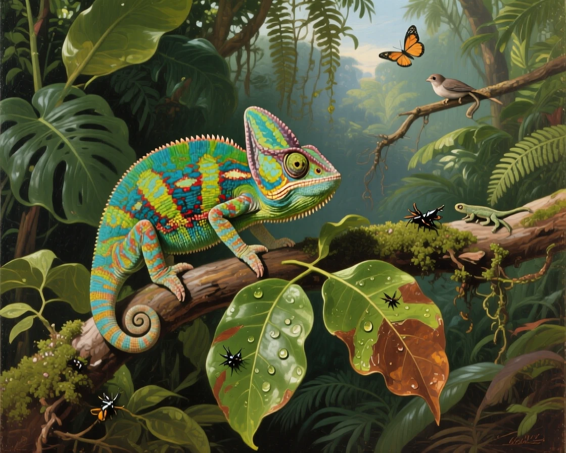 A colorful chameleon perched carefully on a leafy jungle branch, as the surrounding wildlife goes on undisturbed, capturing a rare and intimate glimpse into wild life