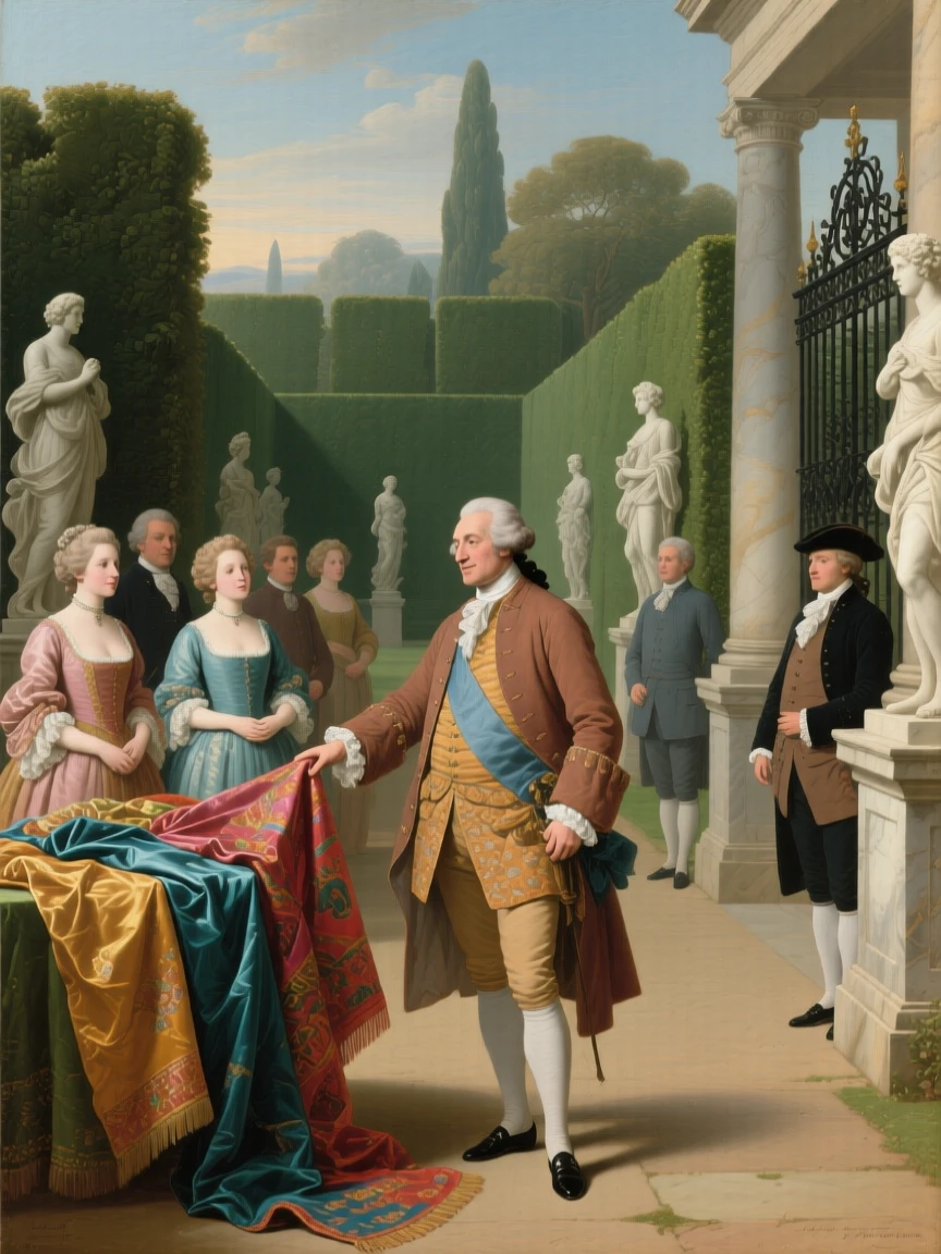 A merchant prince displaying imported silks to admiring guests amid the elegant bustle of a formal evening, set in a formal garden with clipped hedges and marble statues, with liveried servants moving quietly among the guests; rich architectural framing lends grandeur without crowding the figures, suggesting both splendor and the fleeting nature of such moments.