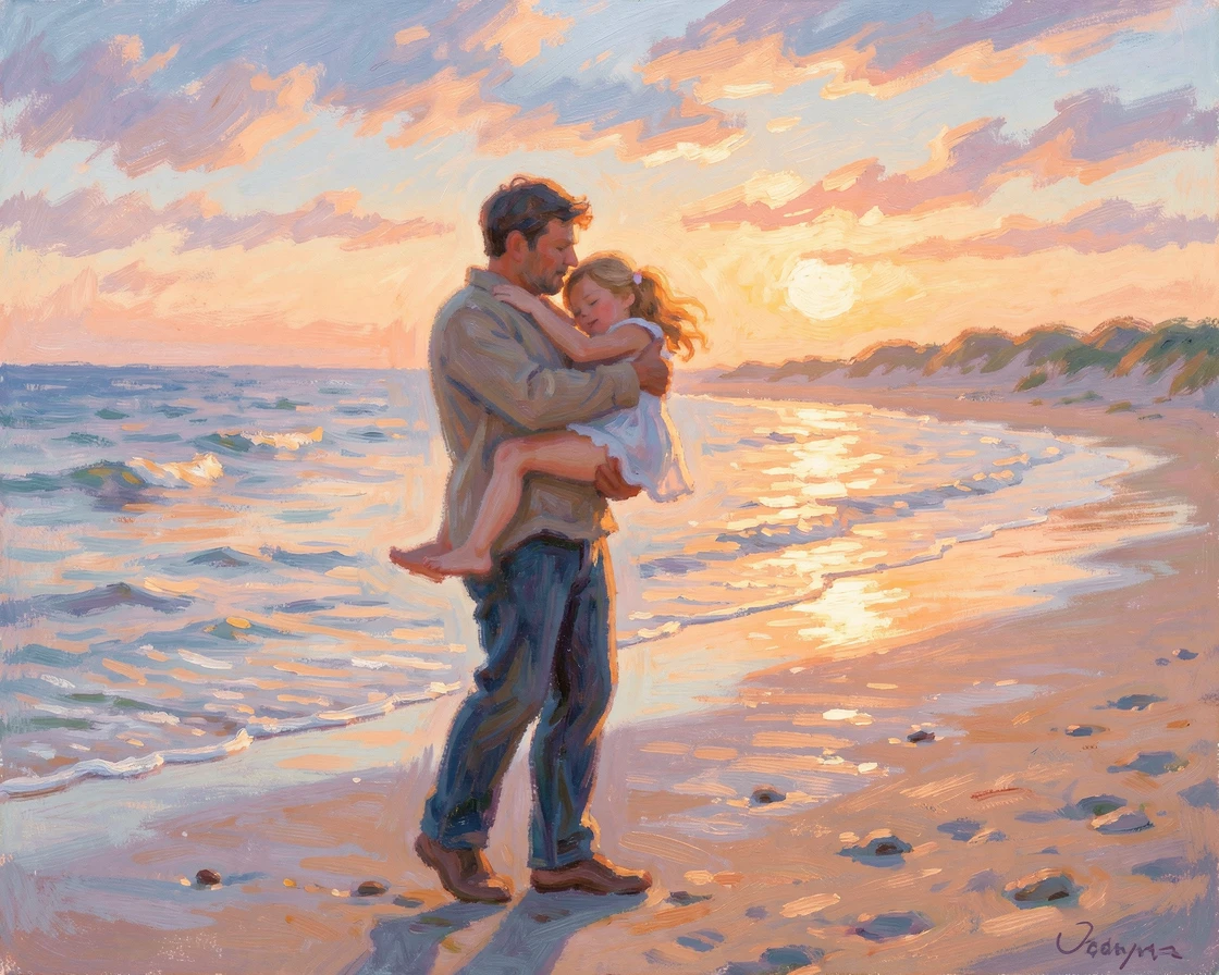 A father carrying his sleepy daughter home from the beach at sunset, her arms wrapped around his neck.