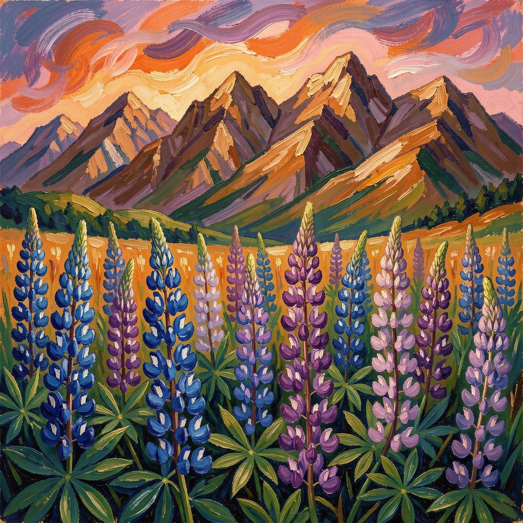 A field of wild lupines in shades of blue and purple beneath a mountain range.
